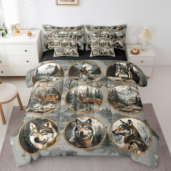 Erosebridal 3D Wolf Bedding Twin Size, Jungle Wildlife Bed in a Bag Twin size, Rustic Hunting Decor, Reversible 7 Pieces