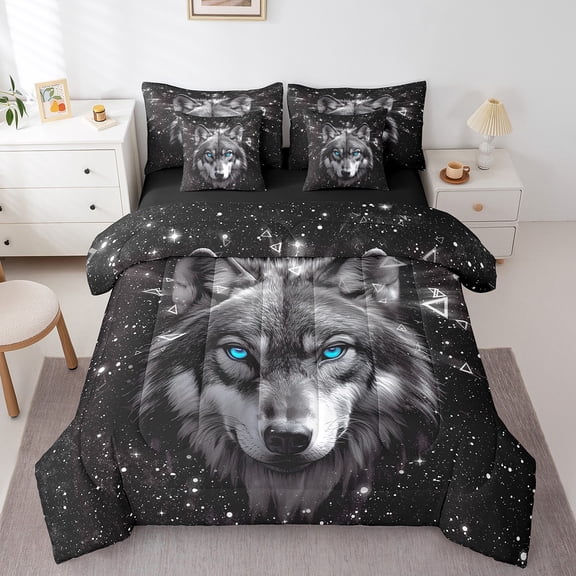Erosebridal 3D Wolf Print Bed in a Bag Full size, Woodland Wildlife Bed Set, Glitter Stars Decor, Reversible 7pcs