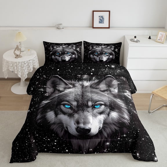 Erosebridal 3D Wolf Print Comforter Sets Full Size, Woodland Wildlife Comforters & Duvets, Glitter Stars Decor, Breathable 3pcs