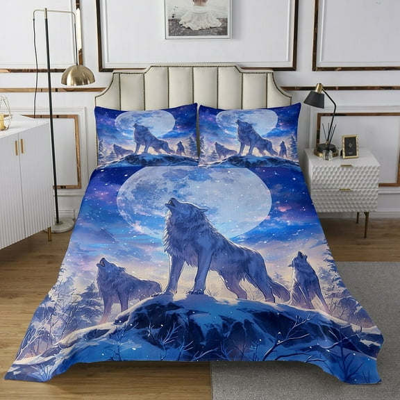 Erosebridal 3D Wolf Quilt Set Winter Wolves On The Snow Mountain Bedspread Set, Wild Animal Printed Coverlet Set for Teens Adults Men Galaxy Moon Starry Sky Bedding Set Queen 3Pcs (Blue)