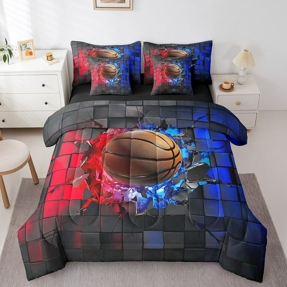 Erosebridal 3D basketball Bedding Sets Twin Size, Sport Player Comforter Sets with Sheets, Square Geometry Decor, 7pcs