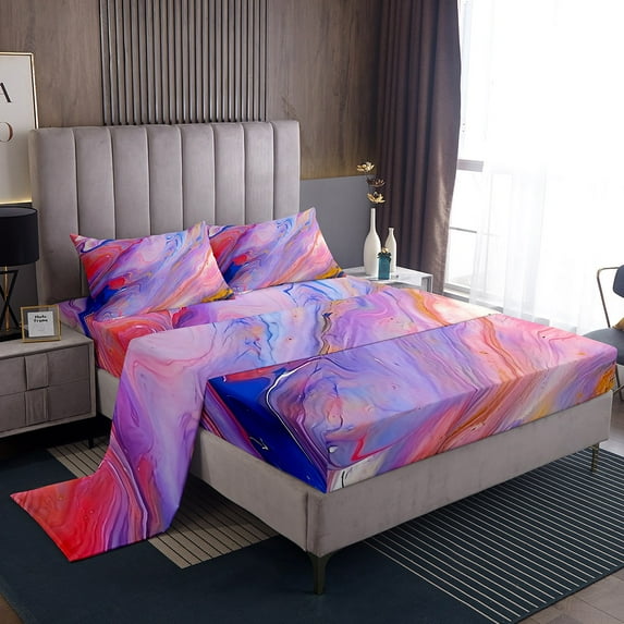 Erosebridal 3Pcs Tie Dye Twin Bed Sheets Set , Watercolor Marble Abstract Art Sheet Set for Women Pink Purple Blue Colorful Teenage Sheets with Deep Pocket