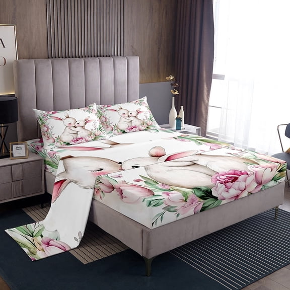 Erosebridal 4Pcs Cute Rabbit Sheet Set Kawaii Animal Floral Decor Bedding Set, Happy Easter Rabbits Bed Sheets Set Colorful Flowers Flat Fitted Sheet Pink Room Decor, Full 4Pcs