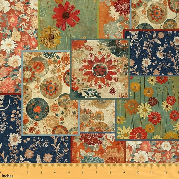 Erosebridal 60S 70S Groovy Floral Fabric by the Yard,Bohemian Flowers Quilt Fabric,Vintage Garden Hippie Funky Flower Upholstery Fabric,Colorful Daisy Dahlias Botanical Indoor Outdoor Fabric,1 Yard