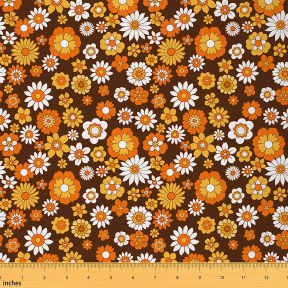 Erosebridal 60S 70S Hippie Flower Fabric By The Yard,Rustic Vintage Daisy Upholstery Fabric,Groovy Natural Garden Decorative Fabric, Botanical Indoor Outdoor Fabric for Art,Orange White,2 Yards