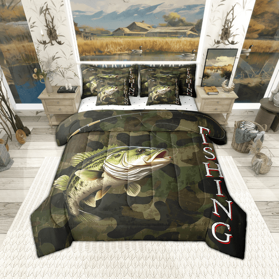 Erosebridal 7 Pcs Big Bass Comforter Set Full Size, Big Pike Fishing Bed In A Bag And Adults With Flat Sheet And Fitted Sheet, Army Green Camo Bedding Set With Pillowcases & Shams