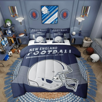 Erosebridal 7-Piece American Football Comforter Set with Sheets Sports Game Comforter Set Bed-in-a-Bag Twin,New England(1 Comforter, 1 Flat Sheet 1 Fitted Sheet 2 Pillowcases 2 Throw Pillow Covers)