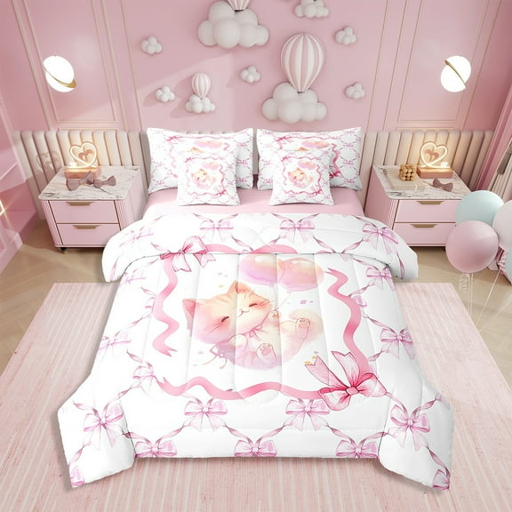 Erosebridal 7 Piece Bed in a Bag Twin Size Comforter Set Pink Bowknot Bedding Set,Girly Bow Knot Reversible Bed Set,Cute Animal Comforter with Sheet Set,All Season