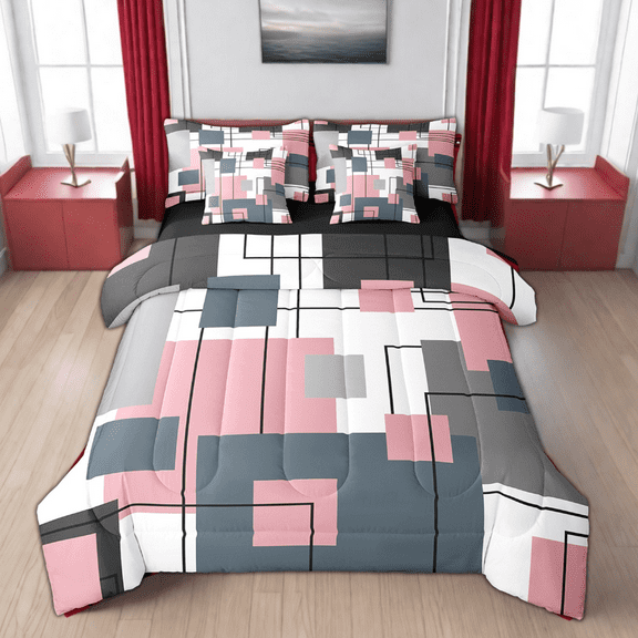 Erosebridal 7 Piece Black White Grey Pink Full Bedding Set With Sheets Geometric Square Comforter Set Women Bluish Gray Geometry Grid Bed In A Bag Modern Abstract Lines Bed Set