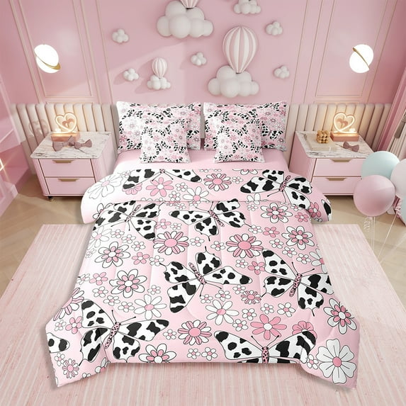 Erosebridal 7 Piece Butterfly Comforter Set Full,Milk Cow Print Floral Bedding Set,Pink Groovy Flower Bed Set Rustic Country Flowers Bed in a Bag with Fitted+Flat Sheet,Pillowcases