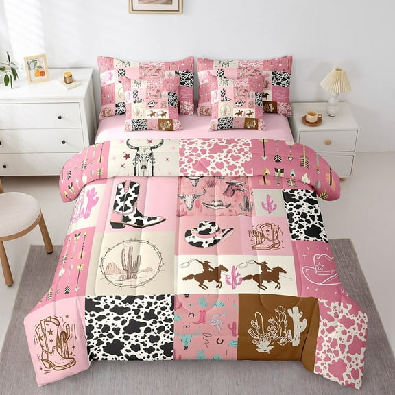 Erosebridal 7 Piece Cowgirl Comforter Sets Twin Size,Western Cow Milk Cowhide Bedding Sets Bed In A Bag(1 Comforter,1 Flat Sheet 1 Fitted Sheet 2 Pillowcases And 2 Throw Pillow Covers)