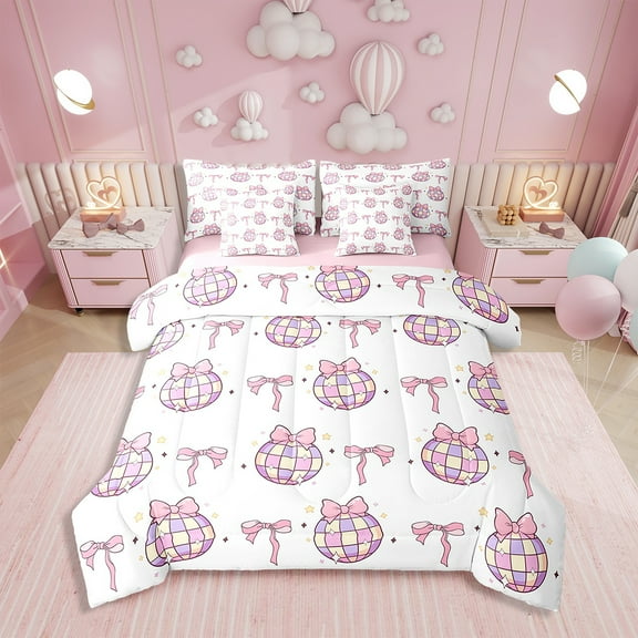 Erosebridal 7 Piece Disco Mirror Ball Bed in a Bag Twin Pink Bow Knot Sheet Set,Cute Aesthetic Bedding Set with Comforter Princess Cushion Covers