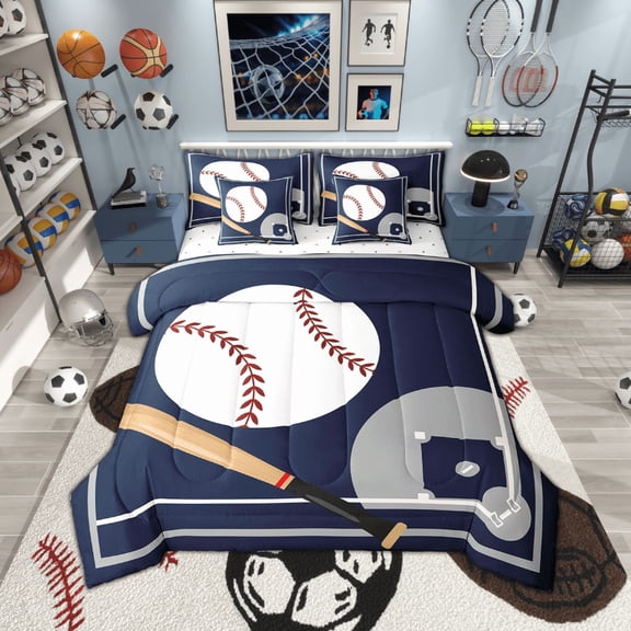 Erosebridal 7 Piece Twin Baseball Bedding Sets ,Sports Comforter Set Ball Games Room Decor,Navy Blue White Baseball Bed in a Bag with Fitted Sheet,Flat Sheet,Pillowcases & Shams