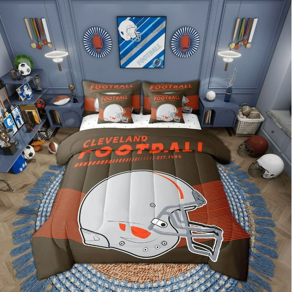 Erosebridal 7-Piece Twin Size American Football Helmet Comforter Set Bed in a Bag, Football Ball Game Comforter Set with Sheets, Cleveland