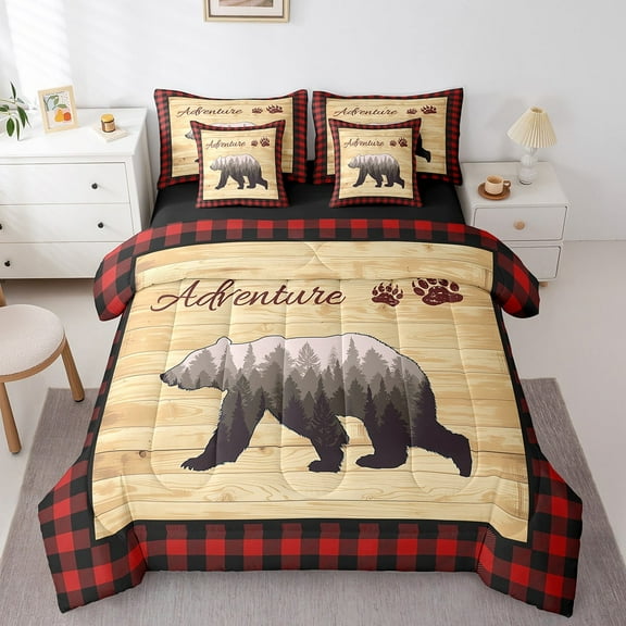 Erosebridal 7 Piece Woodland Bear Bed in a Bag Queen Rustic Cabin Bear Comforter Set Farmhouse Bedroom Decor,Red Black Plaid Pine Tree Bedding Set with Fitted Sheet,Flat Sheet,Pillowcases