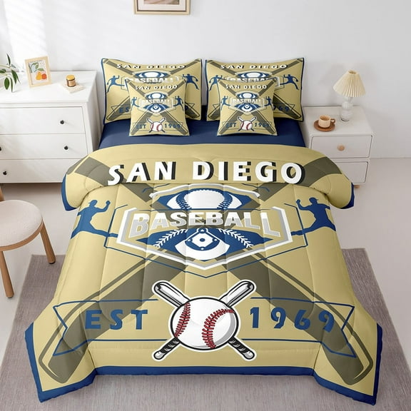 Erosebridal 7 Pieces Bed in a Bag Twin Comforter Set Sheets,Baseball Player Design Bedding Sets for All Season (1 Comforter, 2 Pillow Shams, 1 Flat Sheet, 1 Fitted Sheet, 2 Pillowcases),San Diego