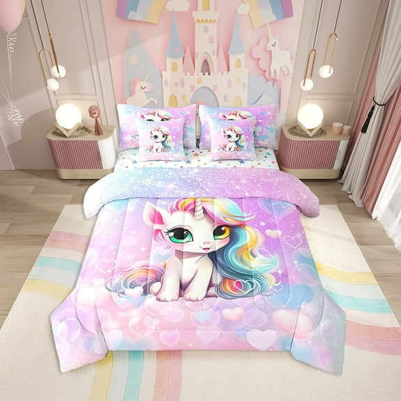 Erosebridal 7 Pieces Cute Unicorn Comforter Set Queen, Pink Blue Glitter Princess Bedding Set Room Decor, Sheets and Pillow Cases