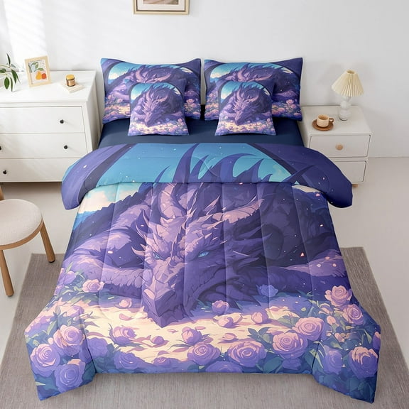 Erosebridal 7 Pieces Dragon Bed Sets Queen With Loong Comforter And Sheets - Rose Flower Bed In A Bag Teens Bedroom, Purple Floral Rustic Comforter And Bedding Sheet Set Flower Pillowcase