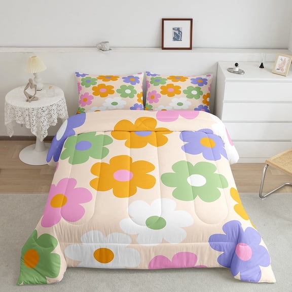 Erosebridal 70s Groovy Down Comforter Set,Retro Daisy Flowers Duvet Quilt Set Soft Bed Collection,Rustic Farmhouse Style Colorful Bedding Comforter Bedroom