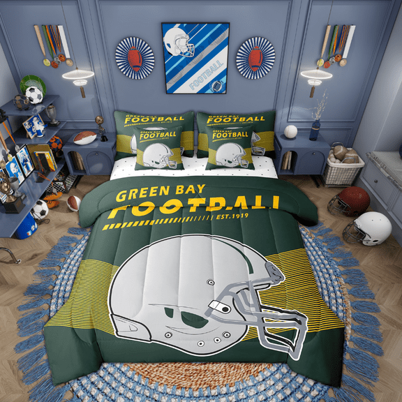 Erosebridal 7Pcs American Football Comforter Set with Sheets Twin Size Rugby Sports Game Comforter Sets Bed in a Bag with Pillowcases & Throw Pillow Covers, Green Bay