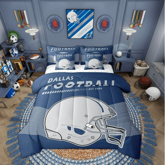Erosebridal 7Pcs American Football Theme Comforter Sets Bed in a Bag Rugby Sports Bedroom Comforter with Flat Sheets Fitted Sheet, Dallas ( Blue, King 7-Piece)