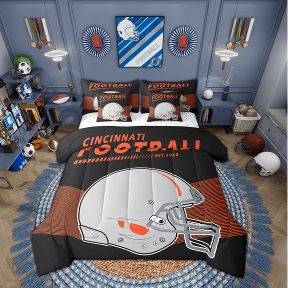Erosebridal 7Pcs Comforter Sets Twin Size American Football City Comforter Set with Sheets, Black and Orange 3D Football Game Comforter Set Bed in a Bag ( Cincinnati)