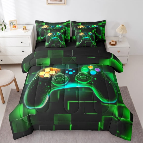 Erosebridal 7Pcs Gaming Comforter Set For Boys,Play Station Gamer Twin Bedding Comforter Set Twin,Video Games Controller Gamepad Bed In A Bag,Neon Glowing Square Geometric Grid Green Gamer Bed Set