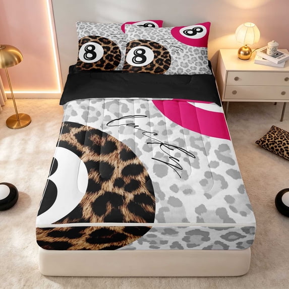 Erosebridal 8 Ball Queen Comforter Set 4-Piece, Fuchsia Snow Leopard Front, Black Reversible Back