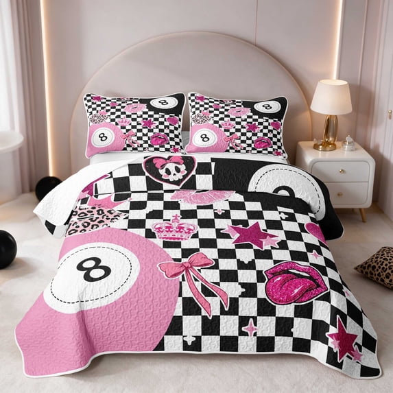 Erosebridal 8 Ball Quilt King Checkered King Coverlet Set, Pink Checkered 3-Piece 1 Bedspread and 2 Pillowcases