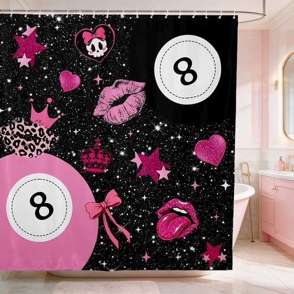 Erosebridal 8 Ball Shower Curtain 72Wx72L Y2K Bathroom Curtain, Black Hot Pink