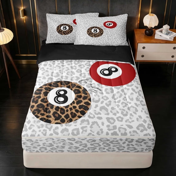 Erosebridal 8 Ball Zipper Full Size Comforter Sets 4-Piece, Red Leopard Front, Black Reversible
