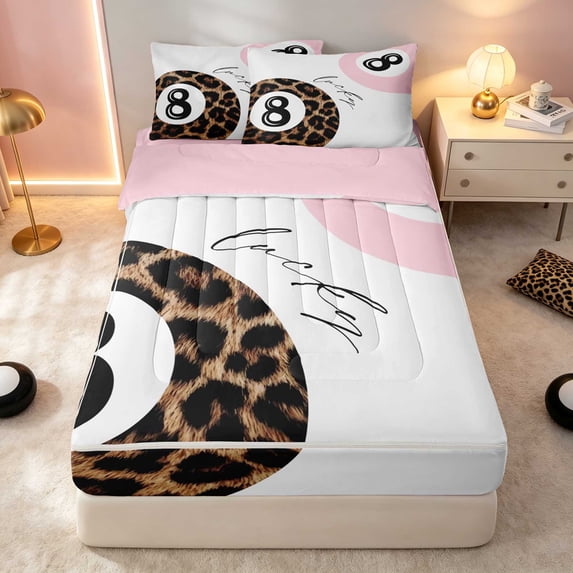 Erosebridal 8 Ball Zipper Full Size Comforter Sets with Fitted Sheet and 2 Pillowcases Magenta Zipper Bedding Set, Magenta Leopard, Pink Reversible