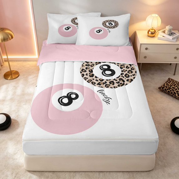 Erosebridal 8 Ball Zipper Queen Comforter Set with Fitted Sheet and 2 Pillowcases Pink White Zipper Bedding Set, Blush White, Pink Reversible
