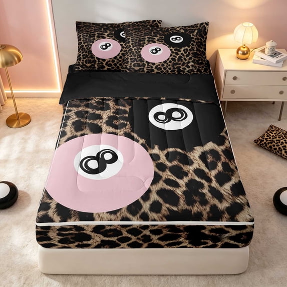 Erosebridal 8 Ball Zipper Twin Comforter Sets, Black White Leopard Front, Black Reversible Back
