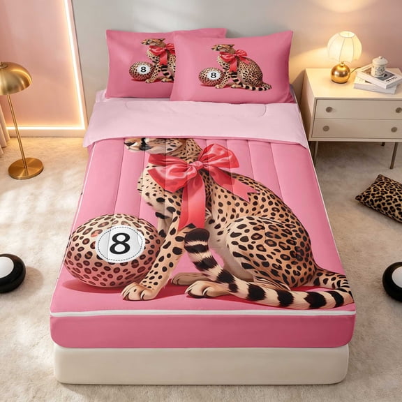 Erosebridal 8 Ball Zipper Twin Comforter Sets with Fitted Sheet and 2 Pillowcases Crimson Cheetah Zipper Bedding Set, Crimson Cheetah, Pink Reversible