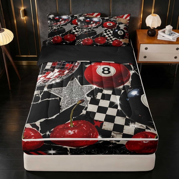 Erosebridal 8 Ball Zipper Twin Comforter Sets with Fitted Sheet and 2 Pillowcases Disco Zipper Bedding Set, Disco Crimson, Black Reversible