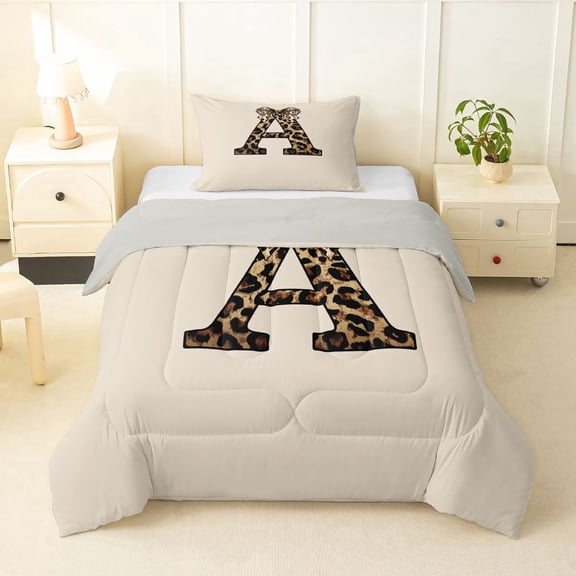 Erosebridal A Letter Monogrammed Twin Comforter Sets 3-Piece For Teens Adults,Girls Boys Vintage Cheetah Print Bow Bedding Set,Grey Reversible