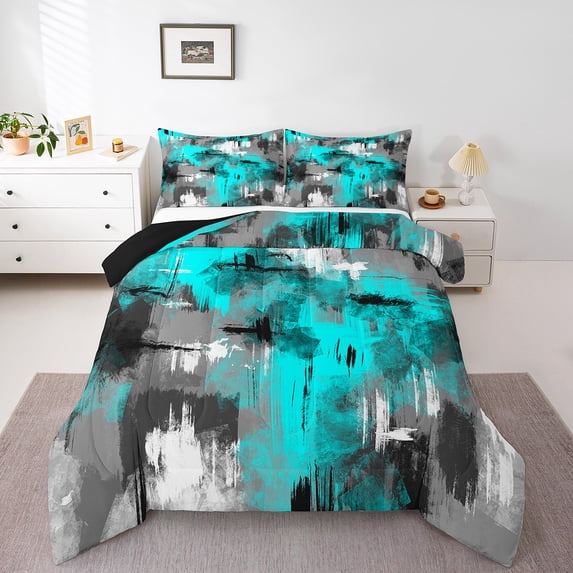 Erosebridal Abstract Artwork Bedding Twin Comforter Set,Teal Grey Down Comforter,Oil Painting Bedding Sets Twin With Comforter,Super Cozy Teenager Bedroom Decor,Reversible,2-Piece