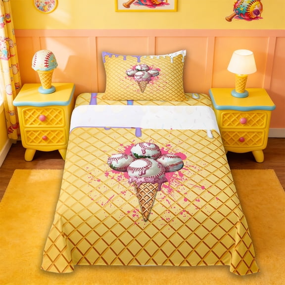 Erosebridal Abstract Baseball Ice Cream Twin Sheet Sets,Pink Splatter Ink Bedding For Ball Game Lover 3pcs