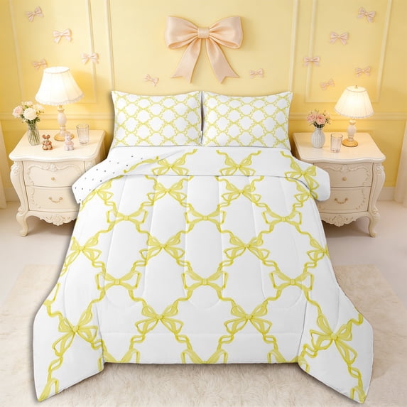 Erosebridal Abstract Bow Plaid Full Size Comforter Sets 3 Pieces for Teens,Kids Girls Yellow Bow Knot Bedding Sets,Microfiber Bedroom Decor