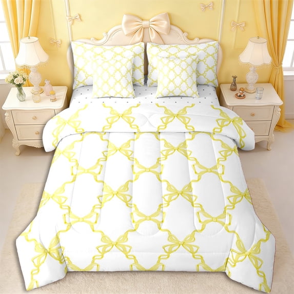 Erosebridal Abstract Bow Plaid Twin Bedding Sets 7-Piece for Teens,Kids Girls Yellow Bow Knot Bedding Comforter Set,Microfiber Bedroom Decor