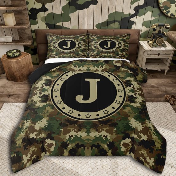 Erosebridal Abstract Camouflage J Full Size Comforter Sets 3 Pieces For Adults,Vintage Green Camo Bedding Sets,Black Reversible