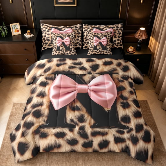 Erosebridal Abstract Cheetah Pattern 7pcs Bedding Comforter Set For Kids,Classic Leopard Print Letter N Monogram Queen Bedding Sets,Black Reversible