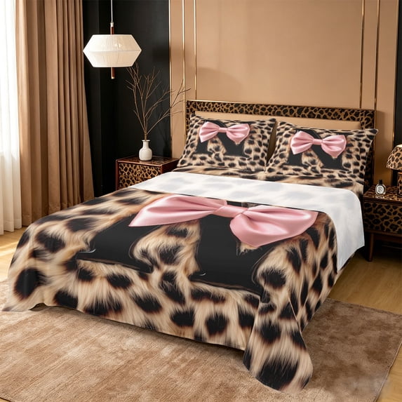 Erosebridal Abstract Cheetah Pattern Full Size Sheets For Kids,Classic Leopard Print Letter N Monogram Bed Sheets 4-Piece