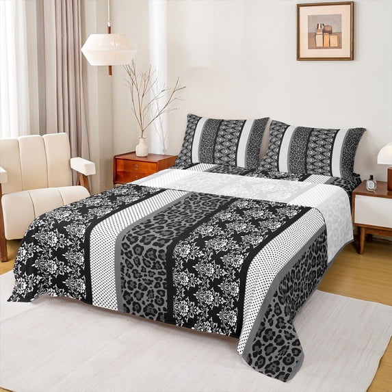 Erosebridal Abstract Cheetah Print Polka Dots Queen Sheet Sets 4 Pieces For Teens,Boys Girls Hippie Flower Damask Bed Set,Black Grey