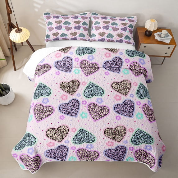 Erosebridal Abstract Chic Leopard Print Quilt Full,Colorful Loves Pattern Full Bedspread Sets For Men Women,3 Pieces