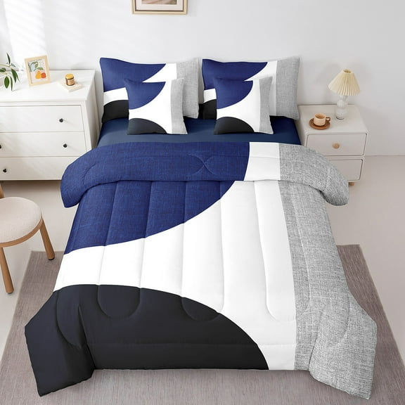 Erosebridal Abstract Circle Bed in a Bag Full size, Stripes Ombre Bed Set, Blue Black, Reversible 7-Piece