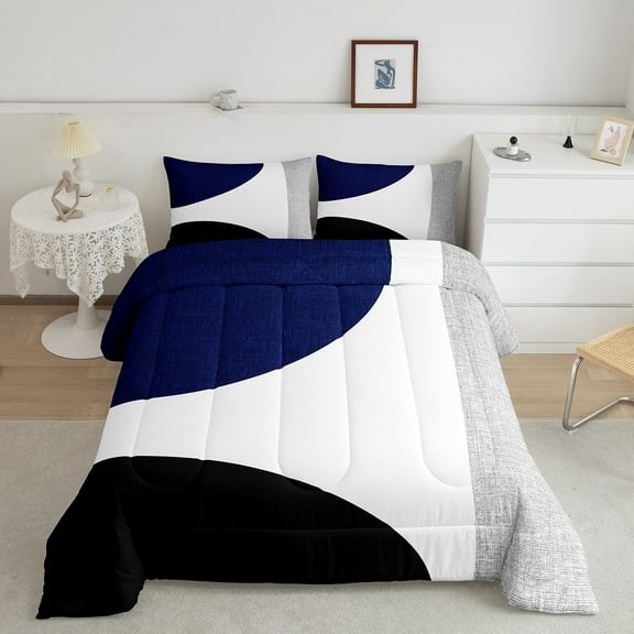 Erosebridal Abstract Circle Comforter Sets Queen Size, Stripes Ombre Comforters & Duvets, Blue Black, Ultra Soft 3-Piece