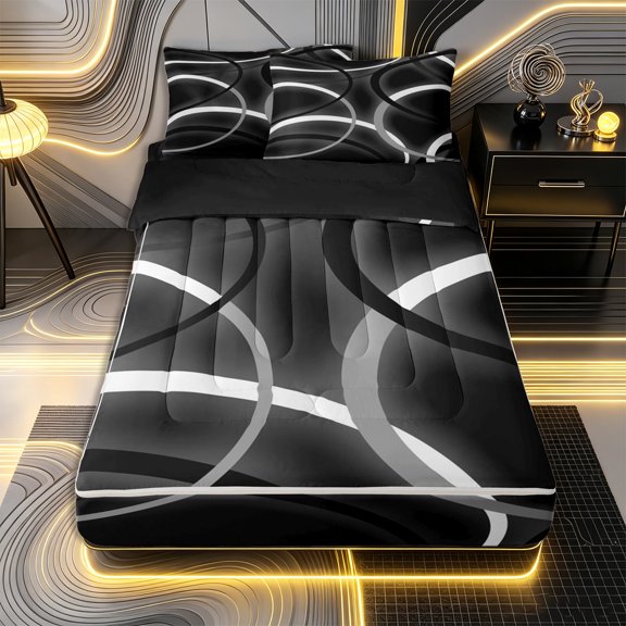 Erosebridal Abstract Circular Ring Pattern Zipper Twin Comforter Sets with Fitted Sheet and 2 Pillowcases,Gradient Curve Print Zipper Bedding Set,Black White Gray,Black Reversible
