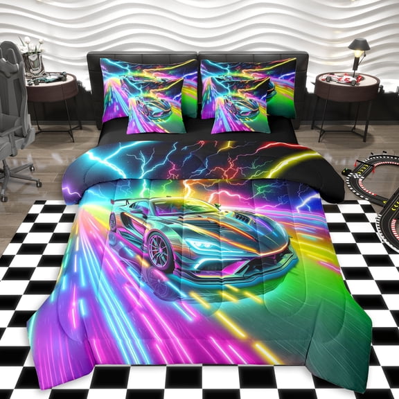 Erosebridal Abstract Fast Car Bedding Comforter Set 7pcs For Kids Boys,Colorful Lightning Neon Lights Queen Bedding Sets For Teens,Black Reversible,Luxury Bedroom Decor